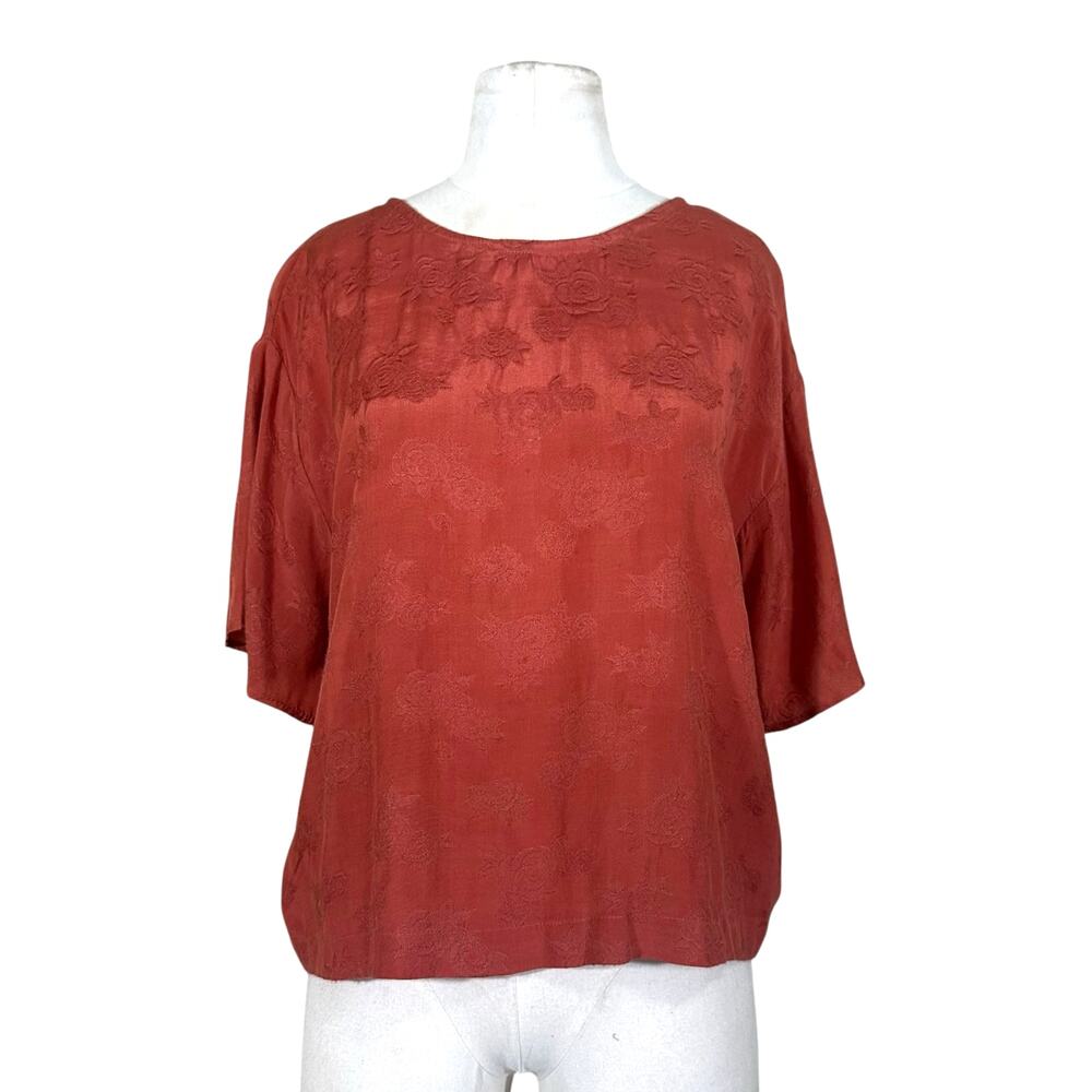 VTG 70s Floral Cottage Embossed Satin Short Sleeve Blouse, Small